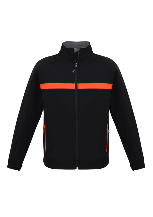 Unisex black, fluoro orange, and grey Charger Jacket with stand-up collar, zippered pockets, and water-repellent technology.