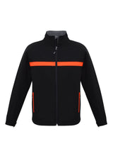 Unisex Charger Jacket in Black, Fluoro Orange & Grey, featuring a stand-up collar, zippered pockets, and windproof design.