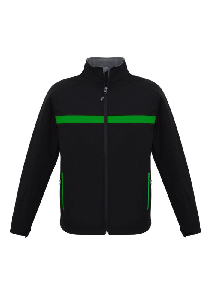 Unisex Charger Jacket in Black/Green/Grey, featuring water-repellent fabric, zippered pockets, and a scalloped back tail.