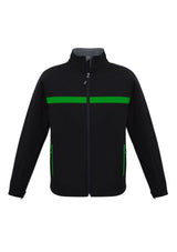Unisex Charger Jacket in Black/Green/Grey, featuring water-repellent fabric, zippered pockets, and a scalloped back tail.