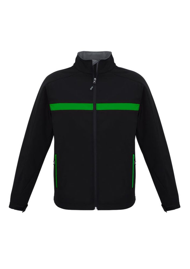 Unisex Charger Jacket in Black/Green/Grey, featuring water-repellent fabric, zippered pockets, and a scalloped back tail.