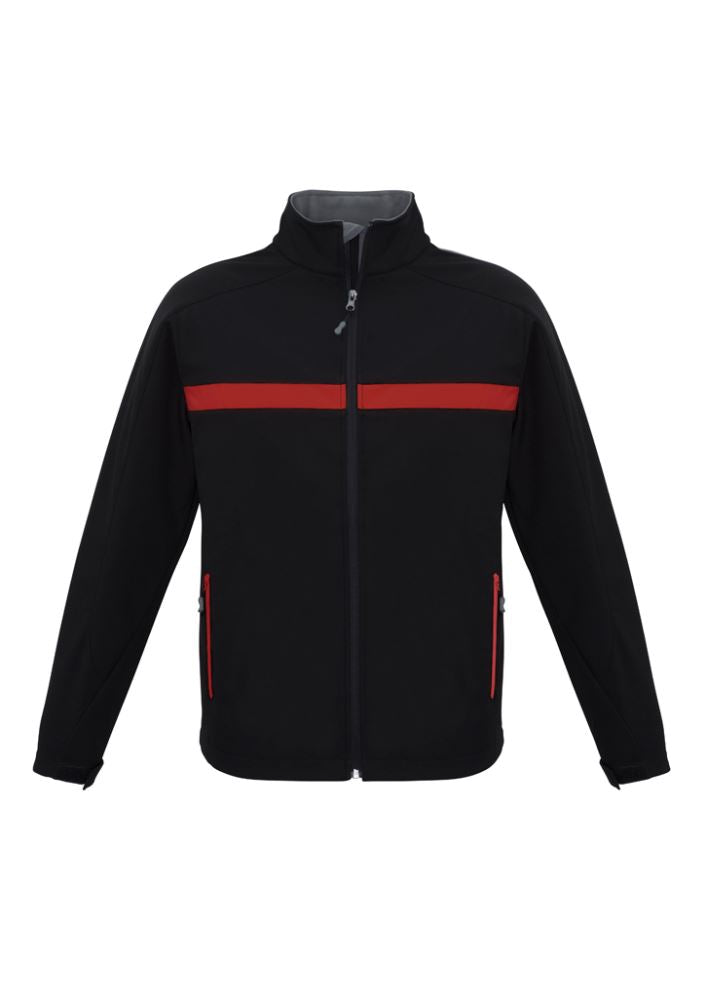 Unisex Charger Jacket in black, red, and grey, featuring a stand-up collar, zippered pockets, and BIZ TECH™ water resistance.