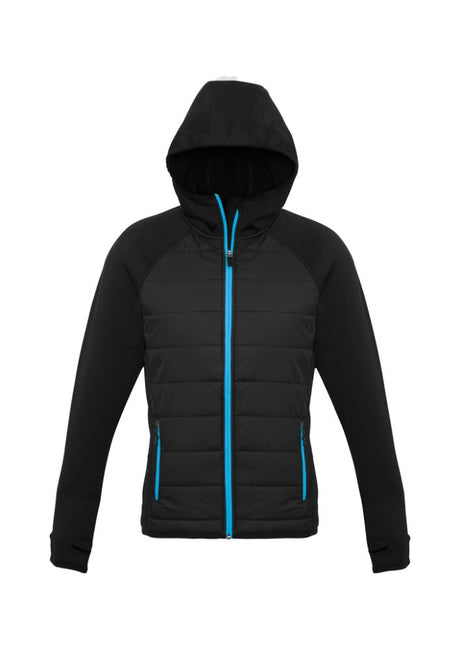 Ladies Stealth Tech Hoodie in Black and Cyan, size XL, featuring thumb loops, insulated quilting, and a stylish stand-up collar.