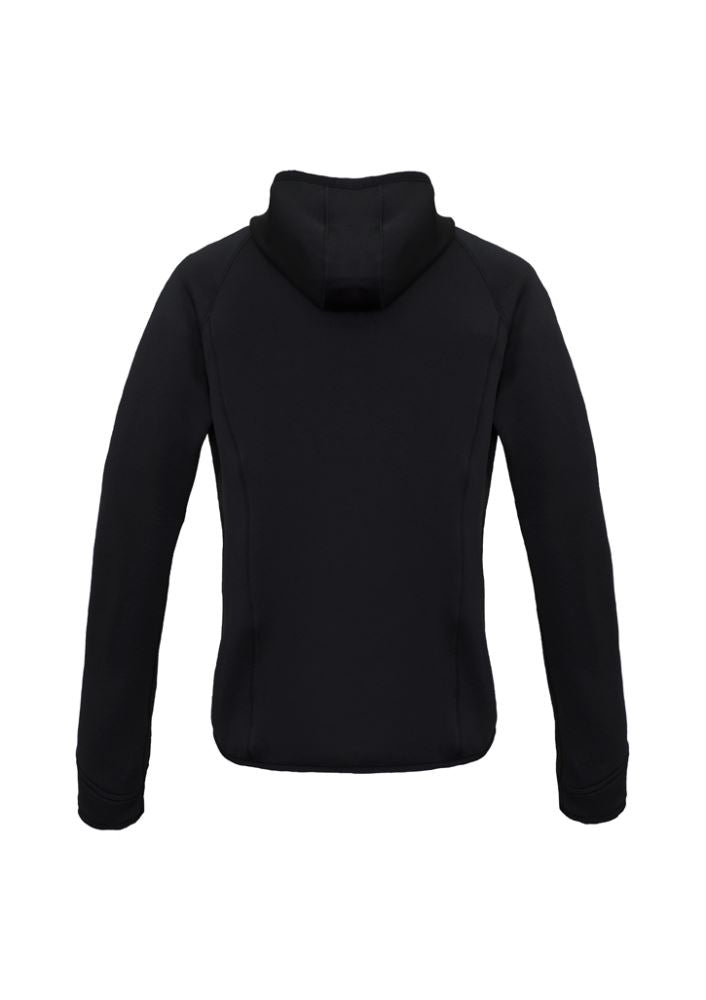Ladies Stealth Tech Hoodie in Black/Cyan, size XS, featuring durable nylon, warm insulation, contrast zipper, and thumb loops.