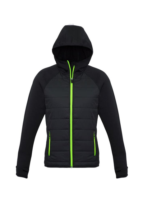 Ladies Stealth Tech Hoodie in Black/Lime, size 2XL, featuring quilted nylon, fleece back, and thumb loops for added warmth.