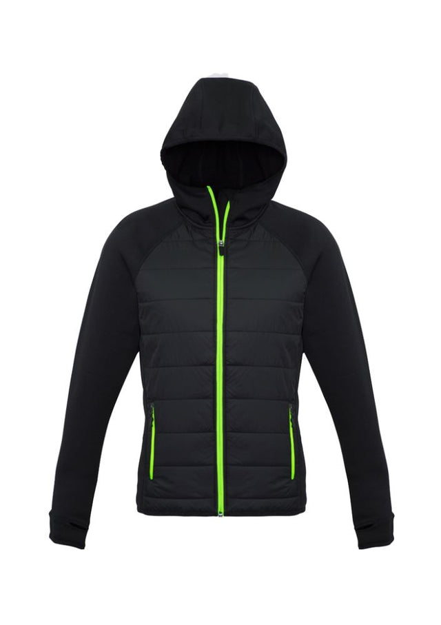 Ladies Stealth Tech Hoodie in Black/Lime, Size S, featuring insulated quilting, thumb loops, and a stylish stand-up collar.