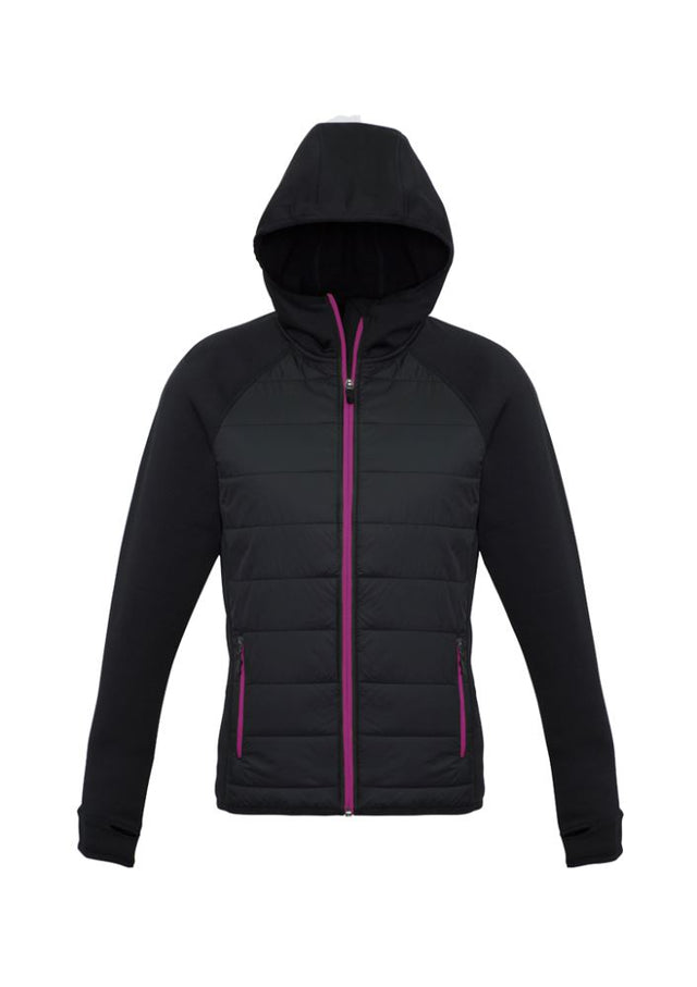 Ladies Stealth Tech Hoodie in black and magenta, featuring thumb loops, insulated quilting, and a cozy fleece back for activewear.