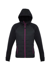 Ladies Stealth Tech Hoodie in Black/Magenta, 2XL, featuring quilted nylon, fleece sleeves, thumb loops, and stylish accents.