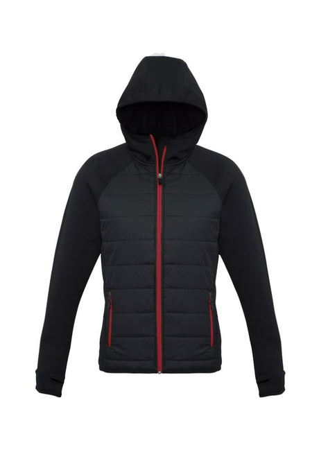 Ladies Stealth Tech Hoodie in black/red, size M, featuring thumb loops, insulated front, and a stylish stand-up collar.