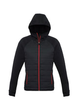 Ladies Stealth Tech Hoodie in black/red, size XL, featuring thumb loops, insulated quilting, and a stand-up collar for warmth.