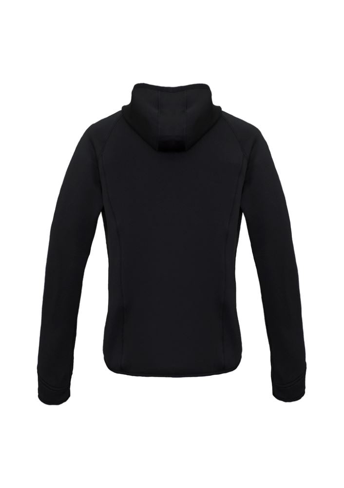 Ladies Stealth Tech Hoodie in black and red, featuring a stand-up collar, thumb loops, and lightweight insulation for warmth.