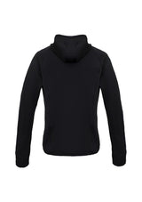 Ladies Stealth Tech Hoodie in black and red, featuring a stand-up collar, thumb loops, and lightweight insulation for warmth.