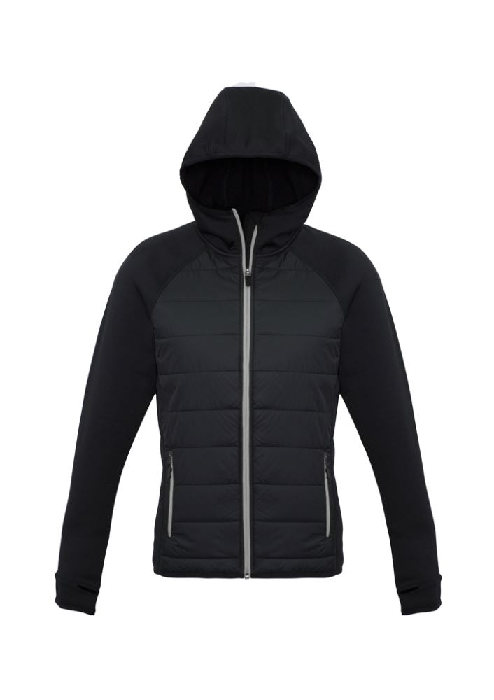 Ladies Stealth Tech Hoodie in Black/Silver Grey, Size L, featuring insulated quilting, thumb loops, and a stylish stand-up collar.