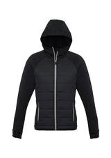 Ladies Stealth Tech Hoodie in Black/Silver Grey, Size L, featuring insulated quilting, thumb loops, and a stylish stand-up collar.