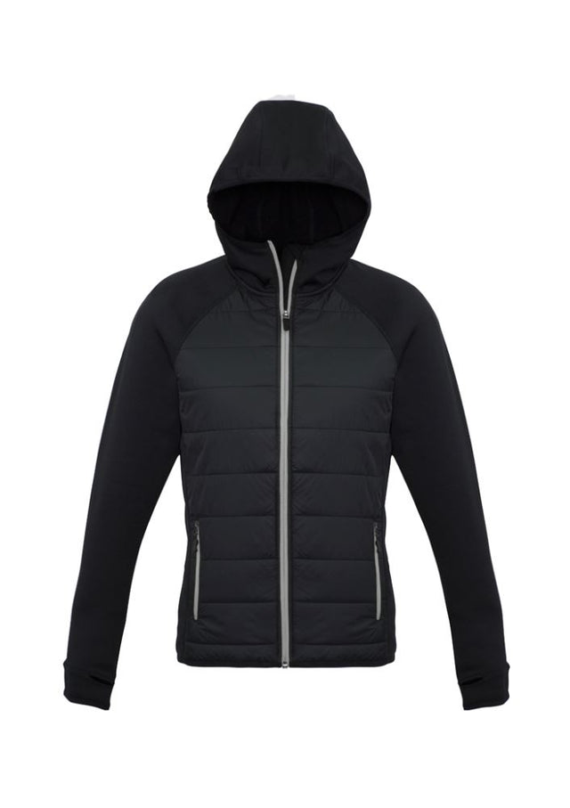 Ladies Stealth Tech Hoodie in Black/Silver Grey, Size L, featuring insulated quilting, thumb loops, and a stylish stand-up collar.