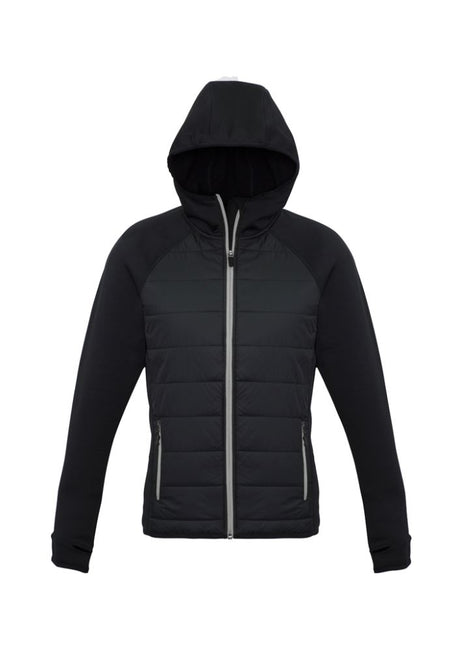 Ladies Stealth Tech Hoodie in Black/Silver Grey, size XS, featuring insulated quilting, thumb loops, and stylish design for warmth and comfort.