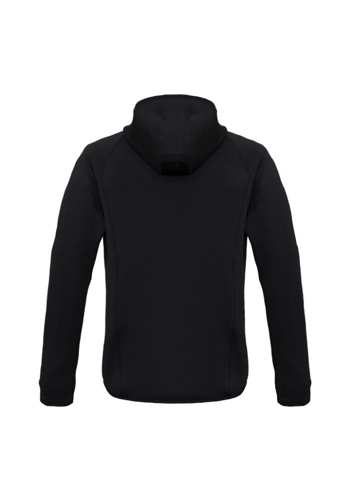 Men's Stealth Tech Hoodie in black and cyan, size XL, featuring insulated chest, thumb loops, and a cozy stand-up collar.
