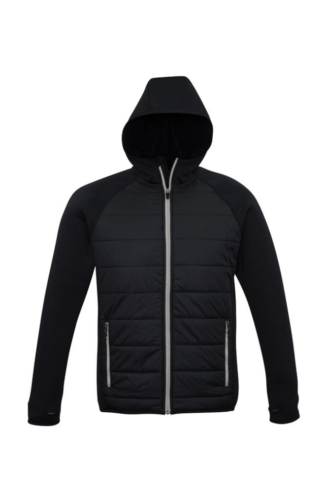 Mens Stealth Tech Hoodie in Black/Silver Grey, size 5XL, featuring quilted nylon, fleece, and insulated thumb loops.