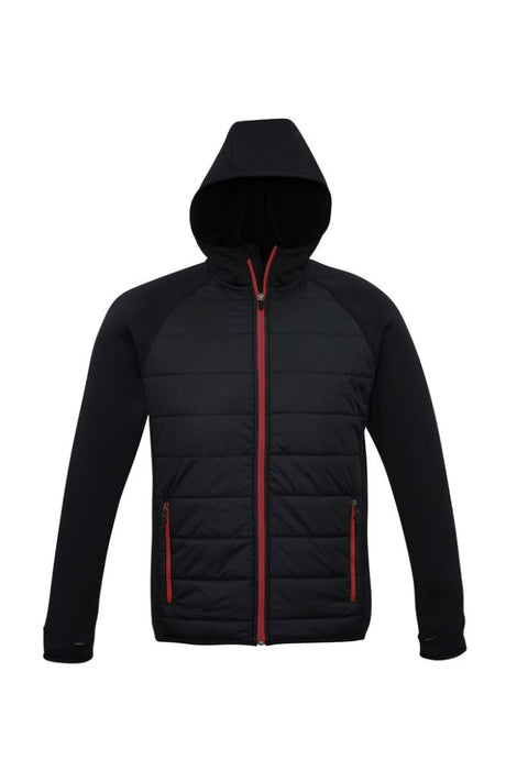 Men's Stealth Tech Hoodie in Black/Red, Size L, featuring quilted nylon, thumb loops, and insulated warmth for an active lifestyle.
