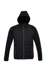 Men's Stealth Tech Hoodie in Black/Red, size S, featuring nylon ripstop, fleece, insulation, thumb loops, and zipped pockets.