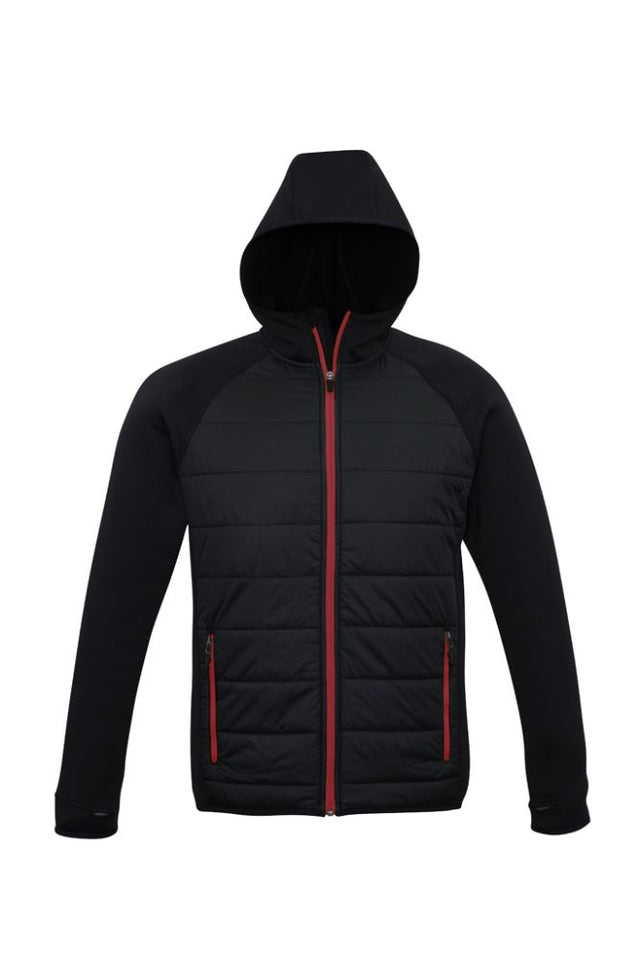 Men's Stealth Tech Hoodie in Black/Red, size S, featuring nylon ripstop, fleece, insulation, thumb loops, and zipped pockets.