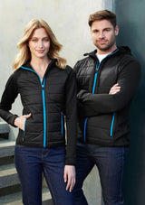 Ladies Stealth Tech Hoodie in Black/Red, M size; features quilted nylon front, fleece back, thumb loops, and stylish design.