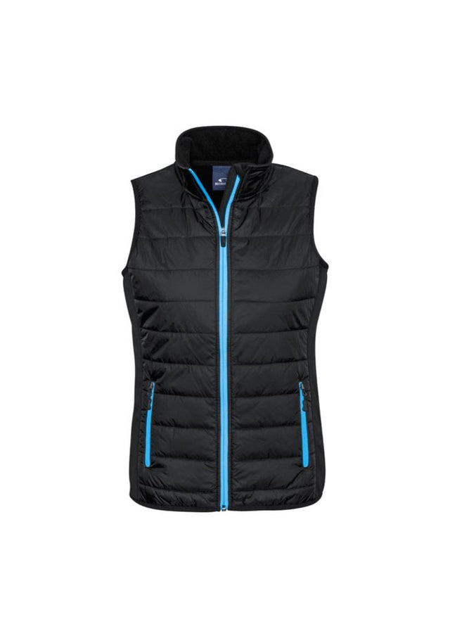 Ladies Stealth Tech Vest in Black and Cyan, 2XL; features quilted nylon, insulation, and stylish design for warmth and versatility.