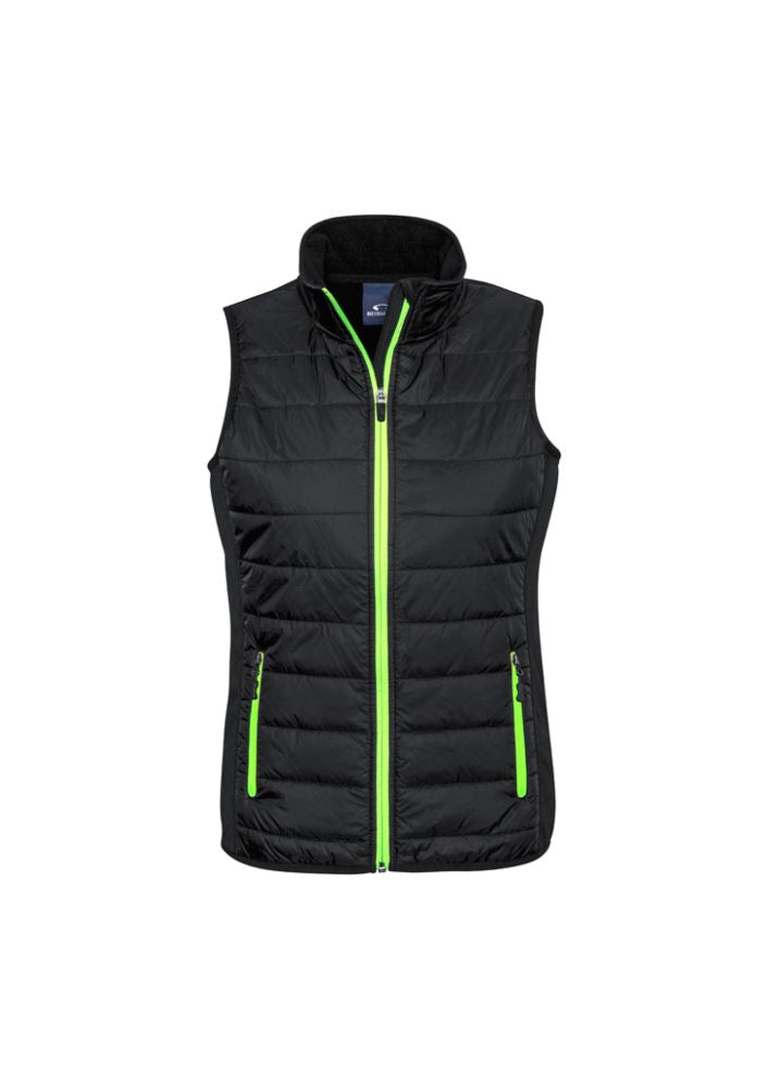 Ladies Stealth Tech Vest in Black/Lime, Size XS, featuring insulated quilting, contrast zipper, and a stand-up collar.