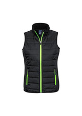 Ladies Stealth Tech Vest in Black/Lime, Size XS, featuring insulated quilting, contrast zipper, and a stand-up collar.