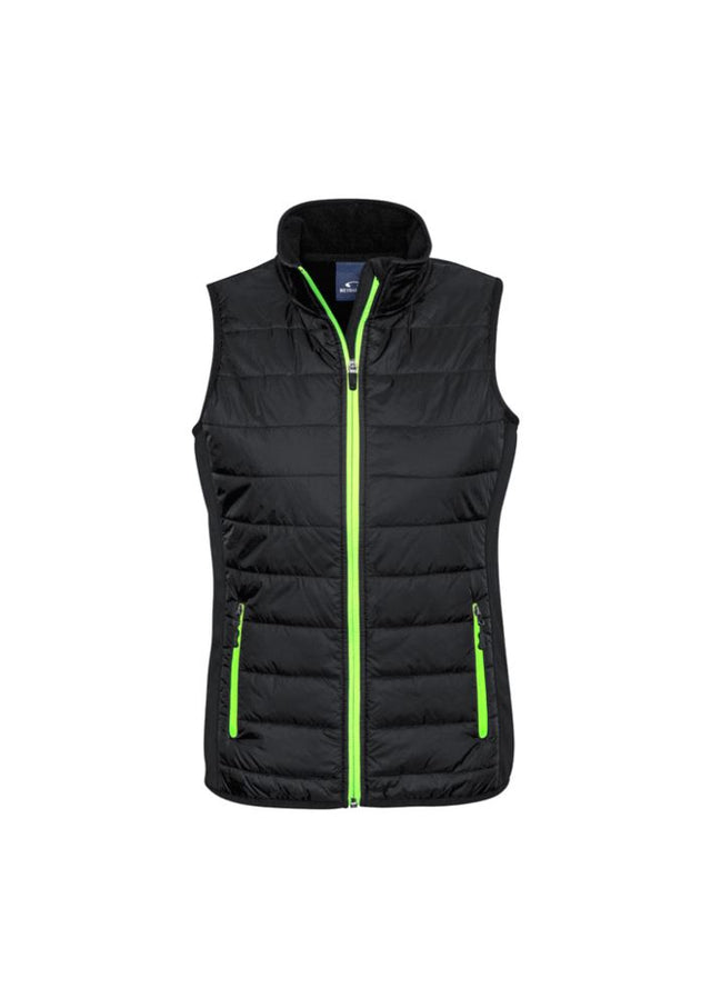 Ladies Stealth Tech Vest in Black/Lime, Size XS, featuring insulated quilting, contrast zipper, and a stand-up collar.