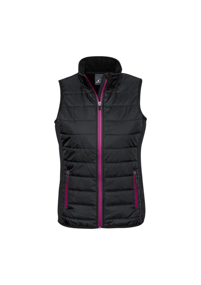 Ladies Stealth Tech Vest in Black/Magenta, Size XL, featuring insulated quilting, stand-up collar, and functional pockets.