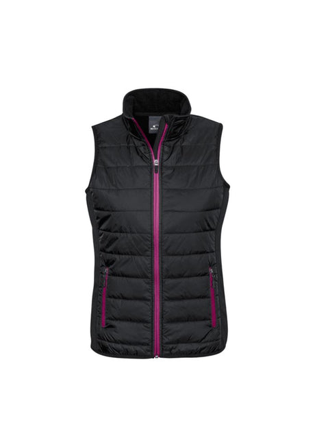 Ladies Stealth Tech Vest in Black/Magenta, Size S, featuring insulated quilting, contrast zipper, and chic stand-up collar.