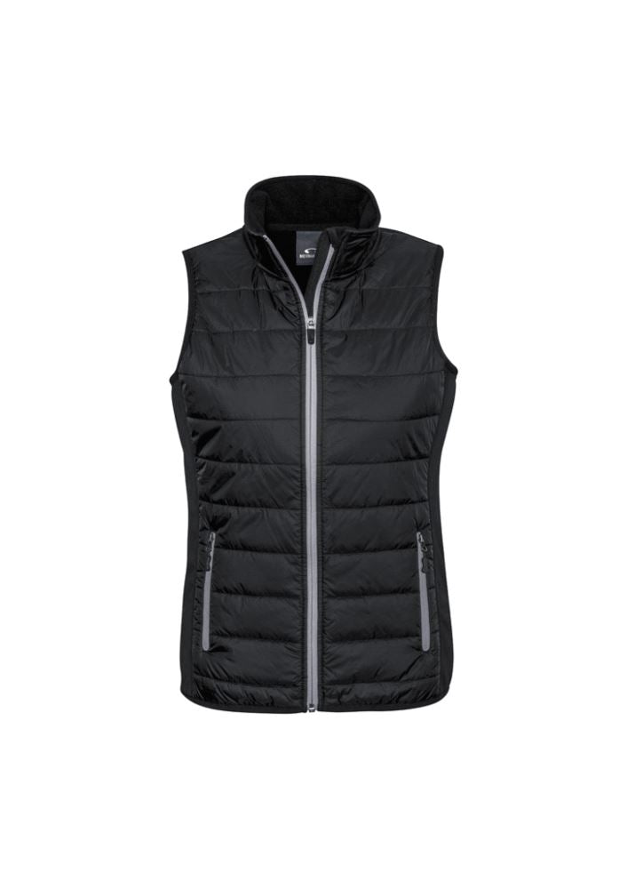 Ladies Stealth Tech Vest in black and silver grey, size XL, featuring insulated quilting and a stylish stand-up collar.