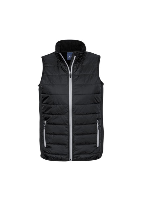 Men's Stealth Tech Vest in Black/Silver Grey, featuring quilted nylon, insulation, and a stylish stand-up collar. Size XL.