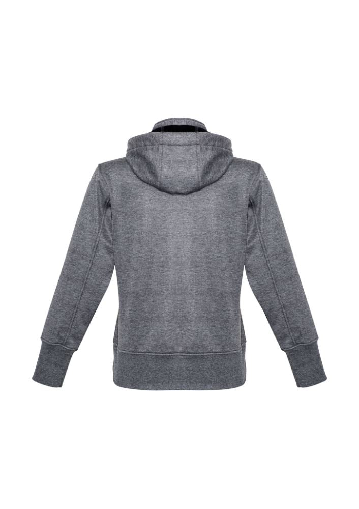 Stylish grey-black bomber jacket for women, water-repellent fleece with removable hood, ideal for outdoor activities.