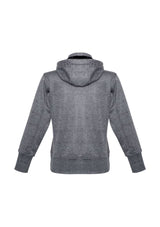 Stylish grey-black bomber jacket for women, water-repellent fleece with removable hood, ideal for outdoor activities.