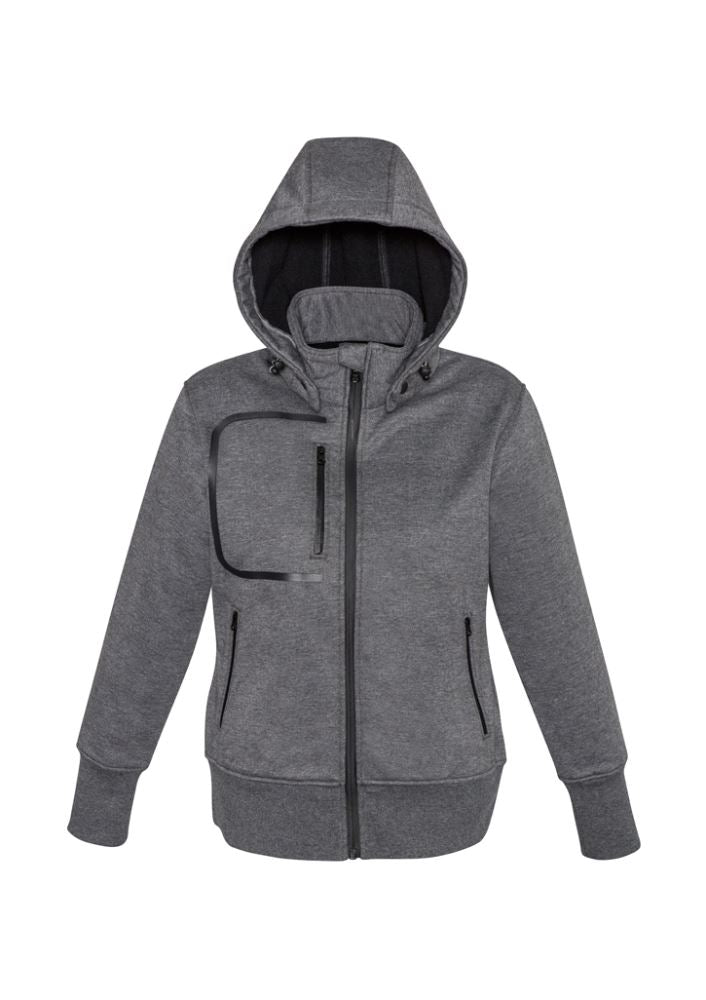 Stylish grey-black Ladies Oslo Jacket in size M, featuring water-repellent fleece, removable hood, and windproof design.