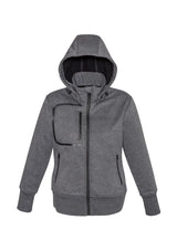 Stylish grey-black Ladies Oslo Jacket in size M, featuring water-repellent fleece, removable hood, and windproof design.