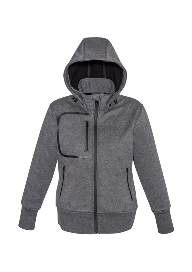 Stylish grey-black Ladies Oslo Jacket in size M, featuring water-repellent fleece, removable hood, and windproof design.