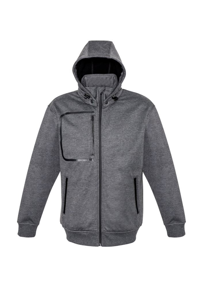 Men's Oslo Jacket in grey and black, size L; features water repellent fabric, removable hood, and stylish bomber design.