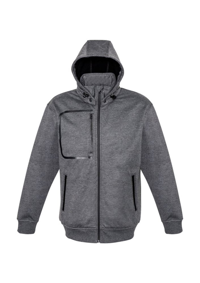 Men's Oslo Jacket in grey and black, size L; features water repellent fabric, removable hood, and stylish bomber design.