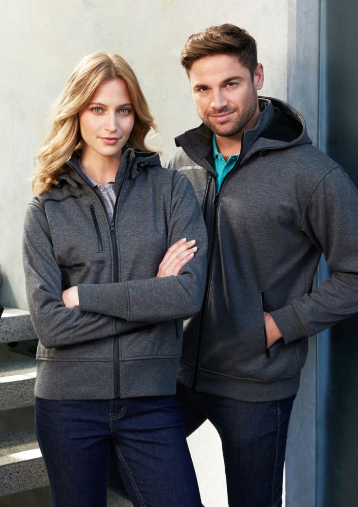 Men's Oslo Jacket in grey-black size L, featuring water repellent fabric, bomber style, removable hood, and ribbed cuff.