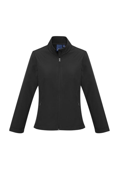 Ladies Apex Lightweight Softshell Jacket in Black, Size XS, featuring water-repellent fabric, fleece lining, and stylish scalloped back.