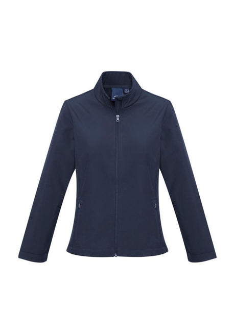 Navy women's softshell jacket in 2XL, featuring water repellent fabric, fleece lining, and a stylish scalloped back.