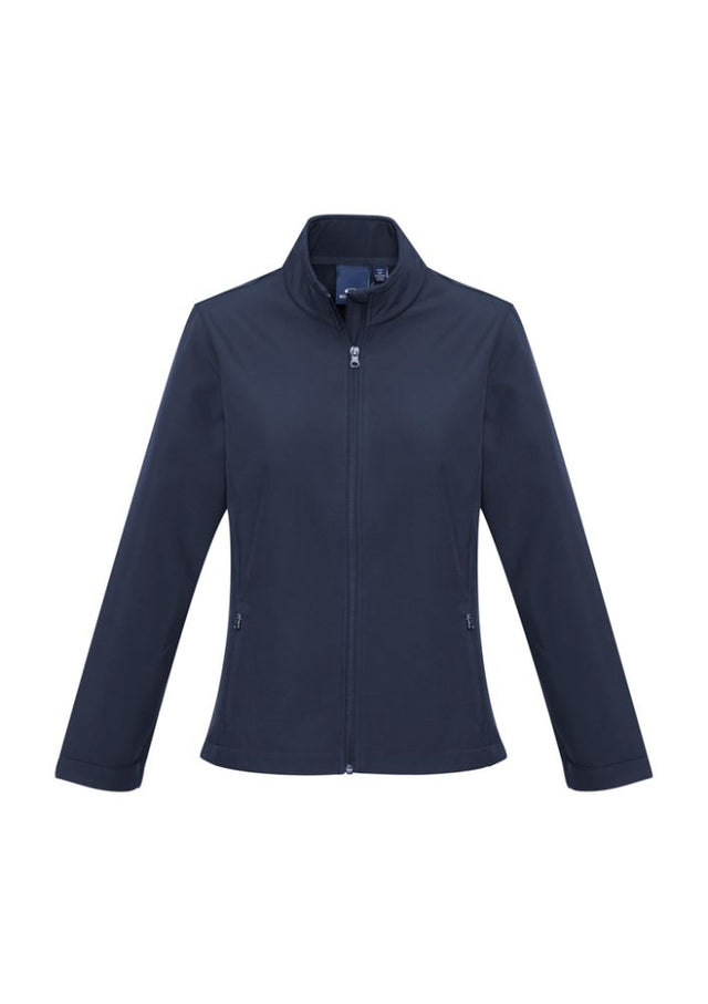 Ladies Apex Navy Softshell Jacket in XL with fleece lining, water repellent, wind resistant, and stylish stand-up collar.