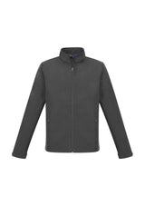 Men's grey lightweight softshell jacket, water-repellent and wind-resistant, with fleece lining and stand-up collar, size M.
