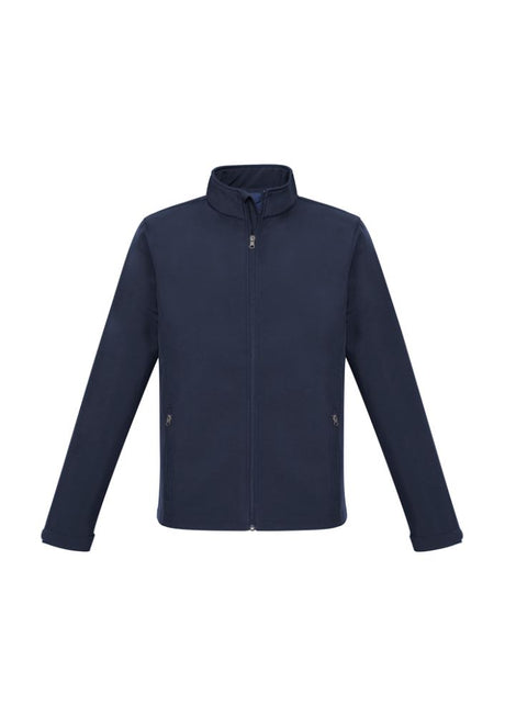 Men's navy softshell jacket, size XL, featuring a warm fleece lining, water resistance, and a stylish stand-up collar.