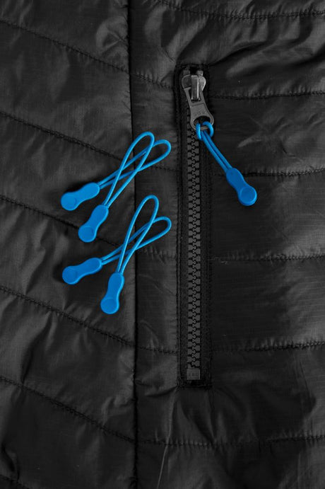 Bright cyan zipper toggles from the Biz Collection, ideal for personalizing clothing and enhancing branding.