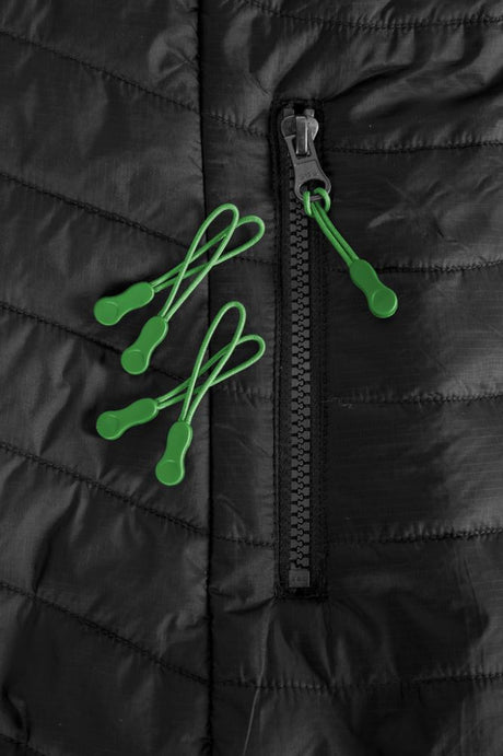 Vibrant green Zippies from Biz Collection for customizing zippers, ideal for branding and fashion with durable design.