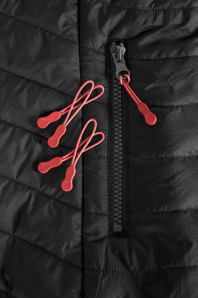 Vibrant red Zippies zipper toggles from Biz Collection, perfect for branding and personalizing jackets and bags.